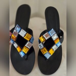 COLE HAAN Pompano Black Leather Jewel Accents Thong Sandals SZ 9B